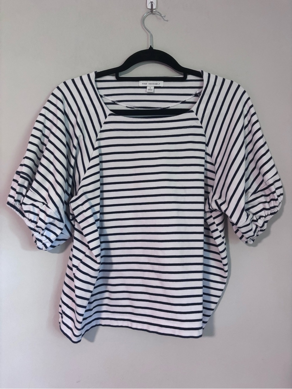 Free Assembly - Black & White Striped Puff-Sleeve Tee - L